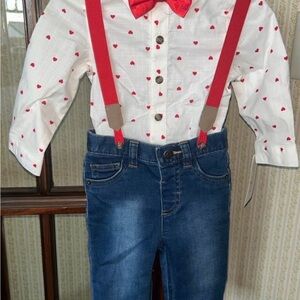Kids Heart Print Shirt with Red Suspenders and Jeans